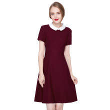 Kate Kasin Women Contrast Doll Collar Wine Short Sleeves Flare Dress KK000388-2